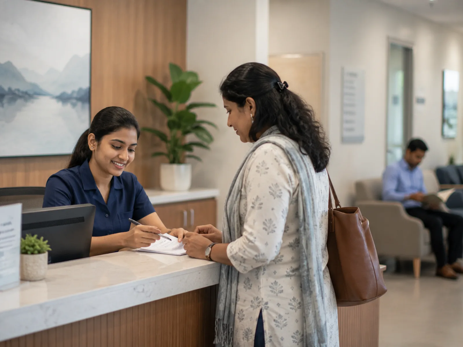 A receptionist helping a patient at a calm medical reception desk