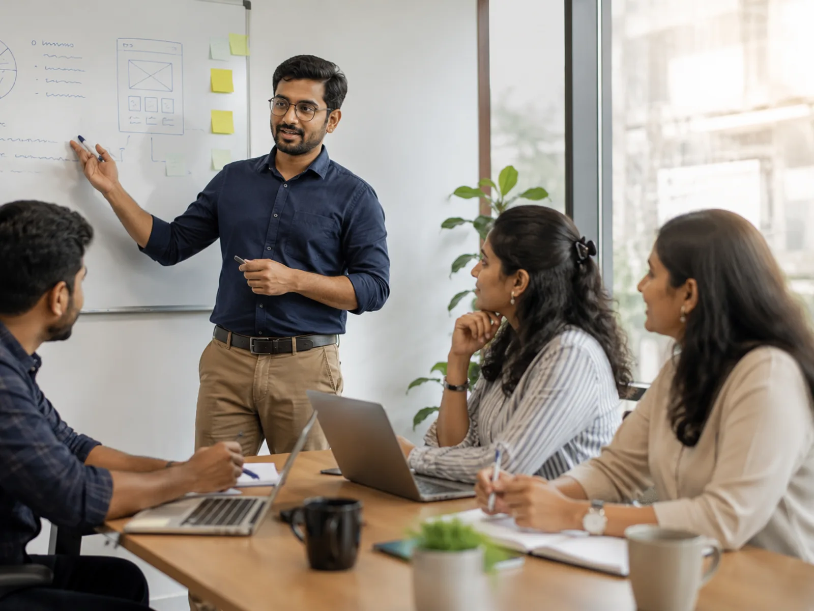 A team meeting in a bright office, one person presenting at a whiteboard