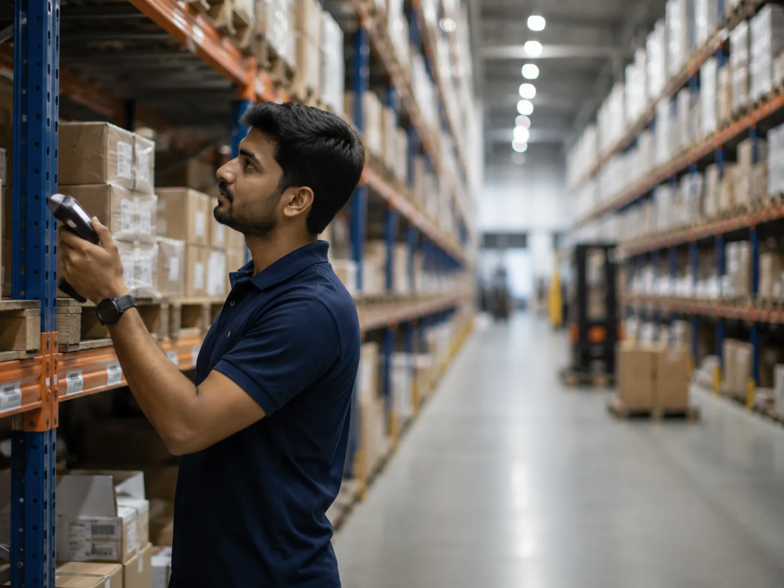 A worker checking stock with a handheld scanner in a warehouse aisle