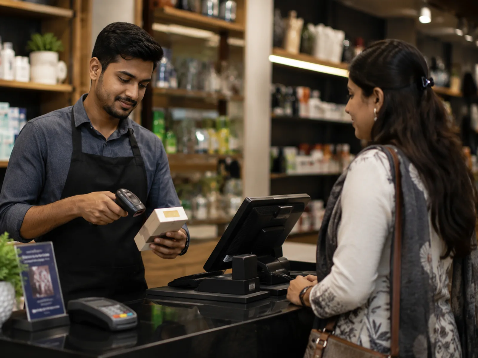 A shop assistant scanning an item at a retail counter while a customer waits