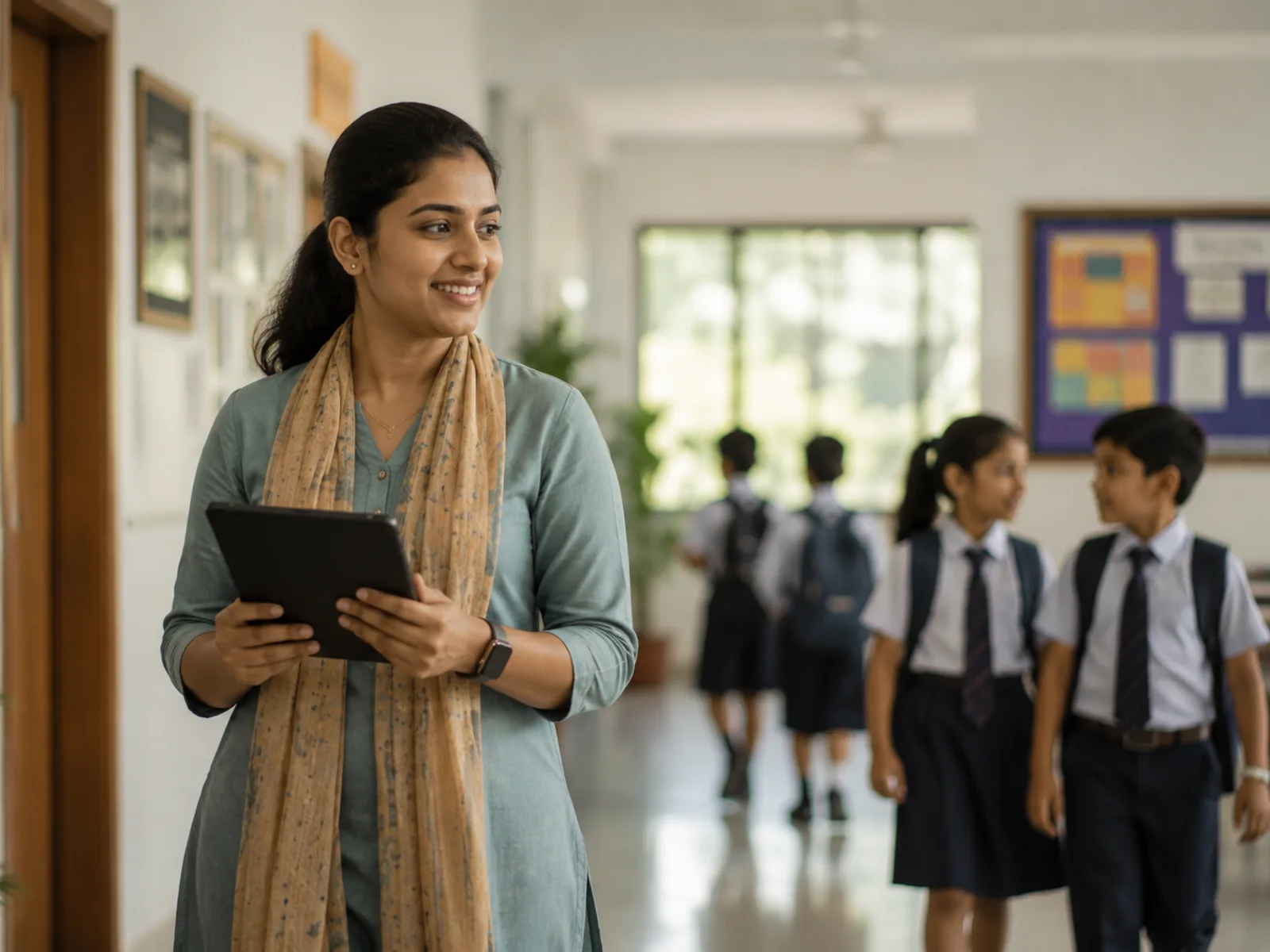 A teacher walking through a bright school corridor with a tablet